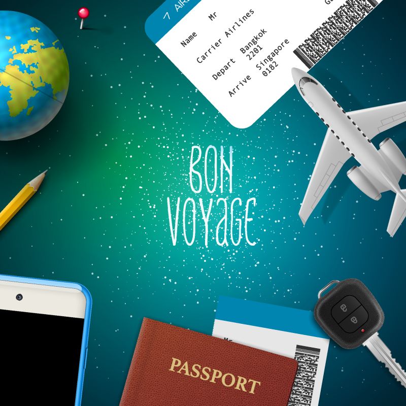 一路顺风-旅行-度假-旅行-飞机设计-智能手机-机票-护照-地球仪-钥匙-矢量图