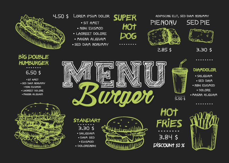 汉堡包菜单海报设计上的黑板元素-快餐菜单斯凯奇风格-可用于版面横幅网页设计小册子模板-矢量图解
