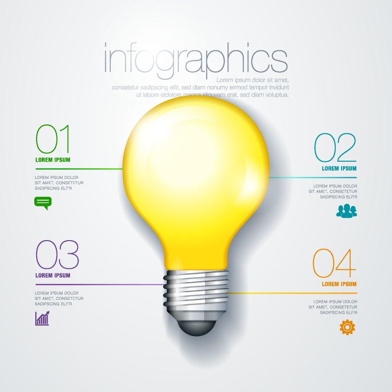 矢量灯泡信息图-图表图表演示文稿图表的模板-具有4个选项部件步骤流程和平面图标的创业理念灯概念