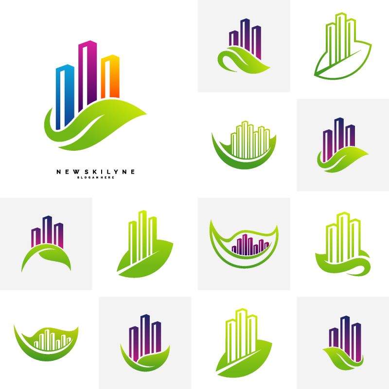 一套绿色城市标志概念-住宅和城市的符号图标-建筑矢量