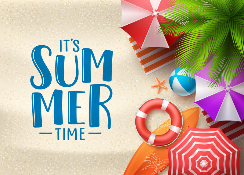 它和39的夏季时间矢量海景背景-夏季文字搭配沙滩伞棕榈树和多姿多彩的夏日沙滩元素-矢量图