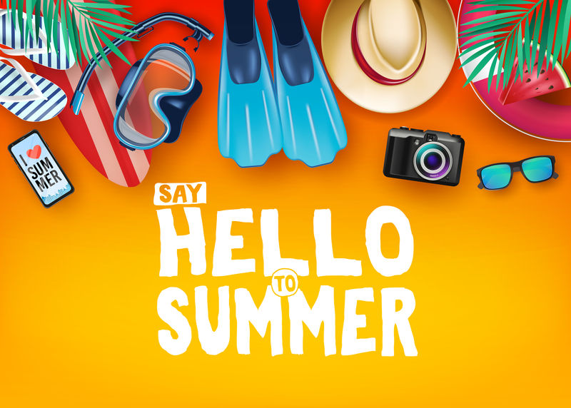 顶视图：橙色背景的“向夏天问好”逼真矢量横幅-以及诸如潜水设备冲浪板拖鞋数码相机手机帽子和太阳镜等热带元素
