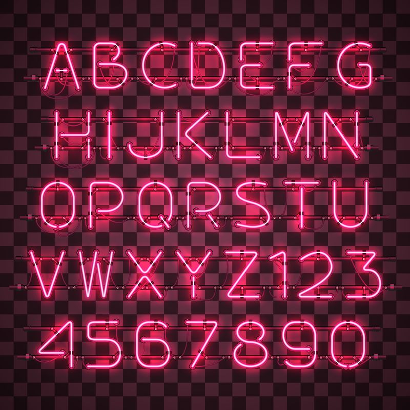 发光的霓虹灯字母-字母从A到Z-数字从0到9在透明背景上-闪亮的霓虹效果-每个字母都是独立的单元-有电线管子支架和支架