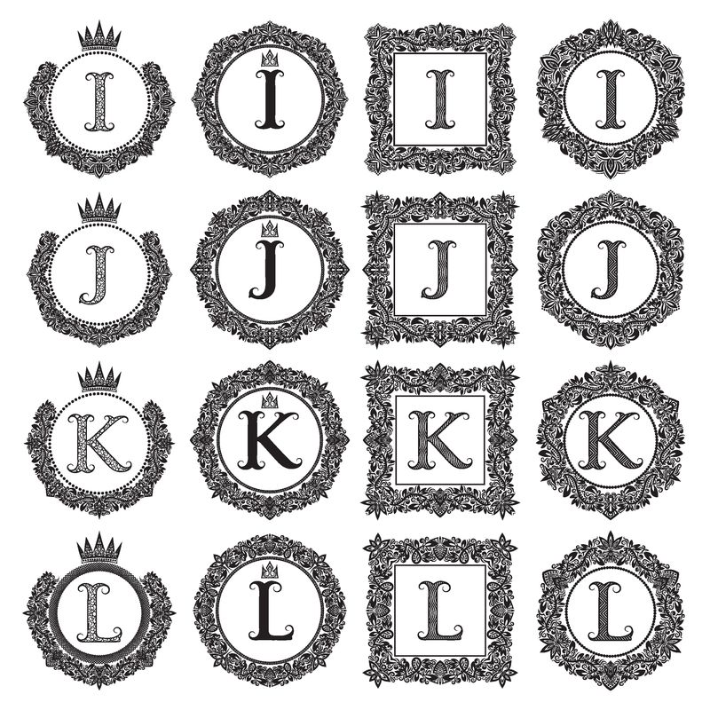 老式单字集的IJKL字母-纹章的纹章-花环-方框-白色的黑色符号
