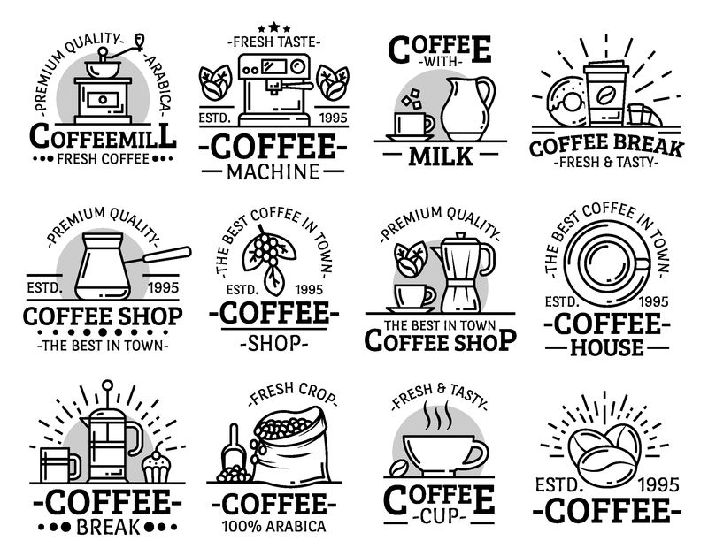 咖啡厅咖啡厅或自助餐厅和咖啡厅行图标-Vector优质卡布奇诺和美式咖啡杯土耳其Sezve咖啡机和咖啡豆糖和牛奶罐-配甜甜圈甜点