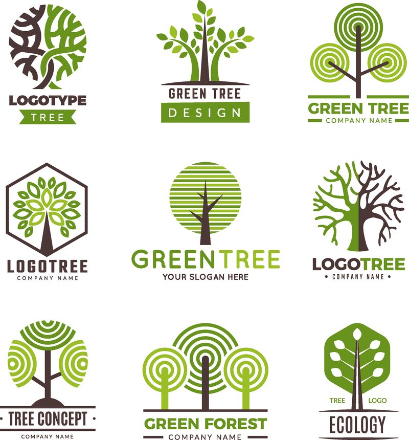 树标识类型-生态绿色符号木质风格树木植物矢量标识