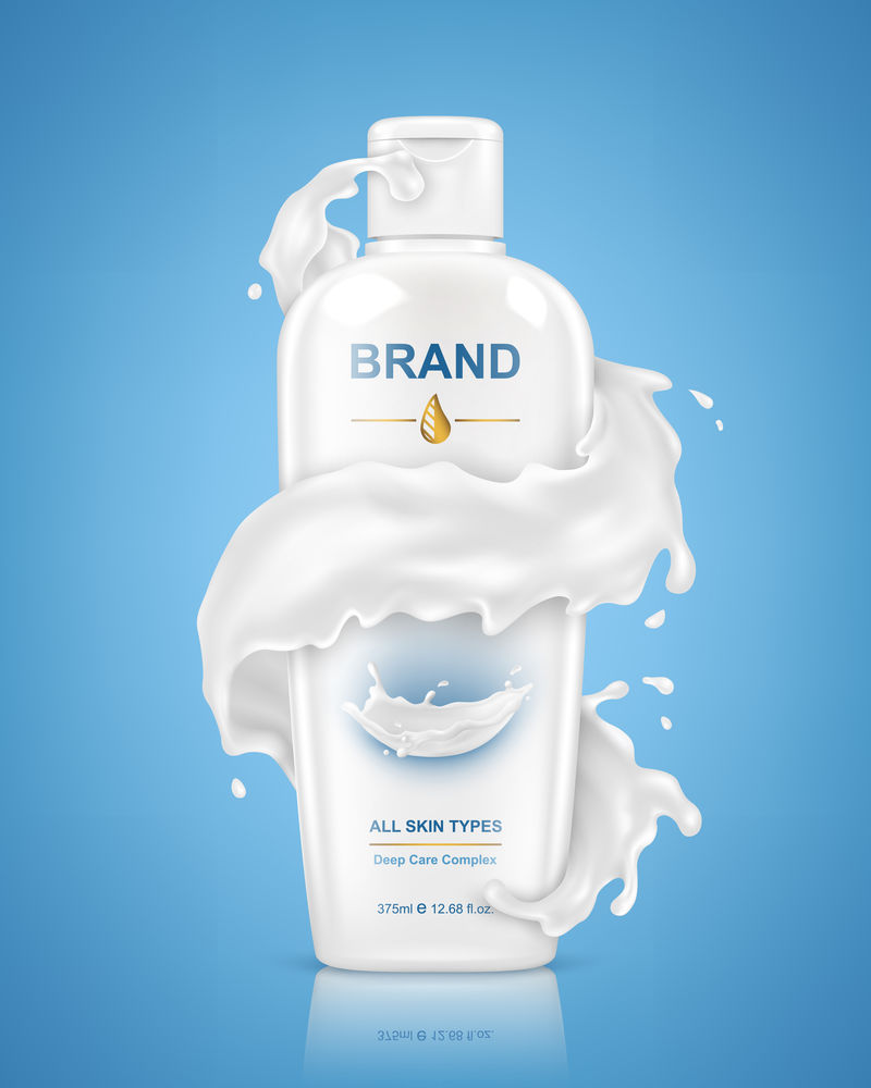 矢量插图奶油洗剂面部和手在白色瓶在蓝色背景与牛奶飞溅化妆奶