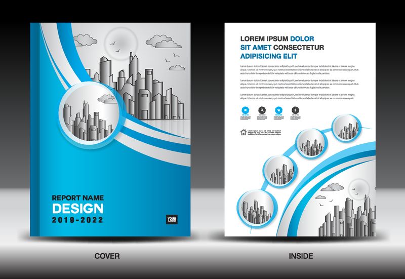 带城市景观的蓝色封面模板年度报告封面设计商业手册传单模板广告公司简介杂志广告书籍海报信息图形矢量布局A4尺寸