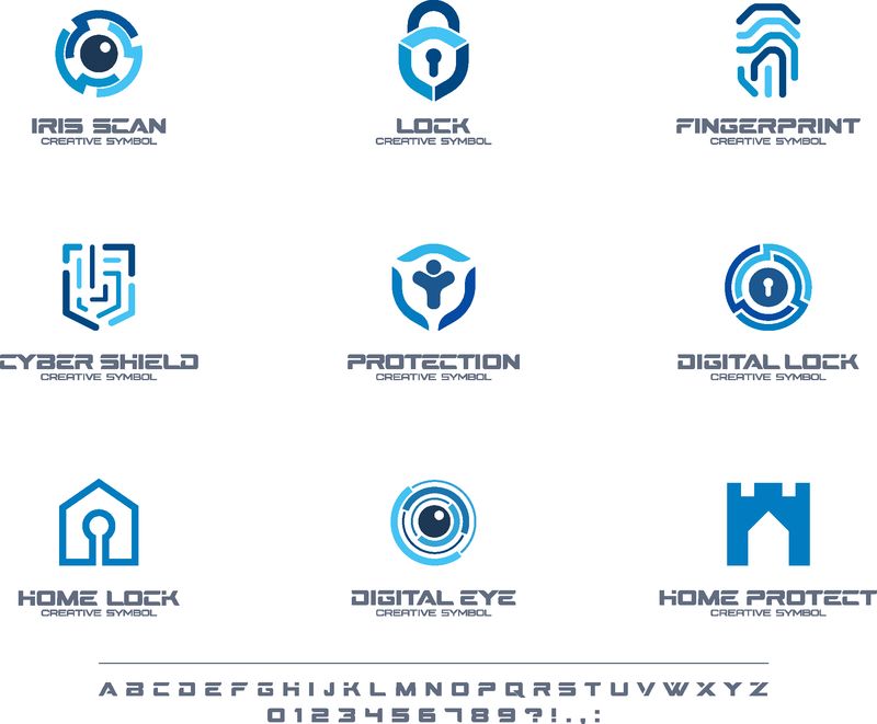 保护和安全创意符号集-字体概念-家里-人们安全抽象的商业标志-安全锁-挂锁盾牌图标-企业标识字母标识公司图形设计