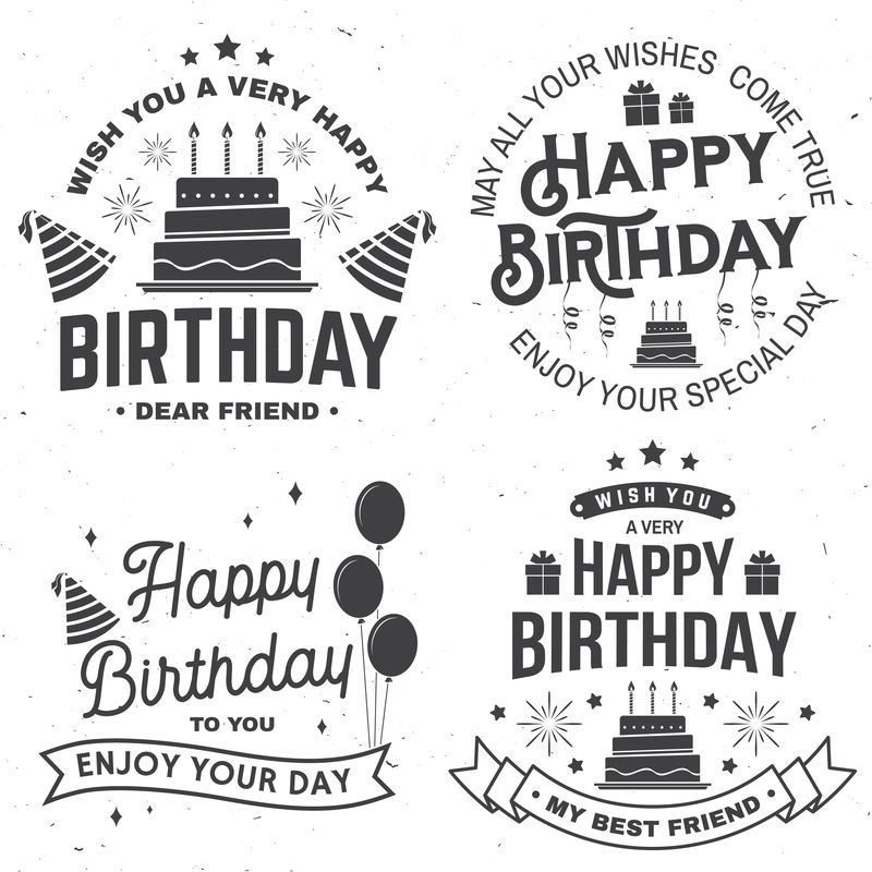 一套生日快乐模板用于徽章贴纸带气球的卡片礼物蛇形图案帽子和带蜡烛的生日蛋糕矢量生日庆典的复古设计