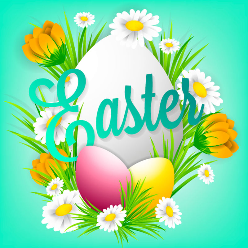 复活节祝贺明信片题词“复活节快乐”洋甘菊花睡草和番红花复活节彩蛋在草的花环