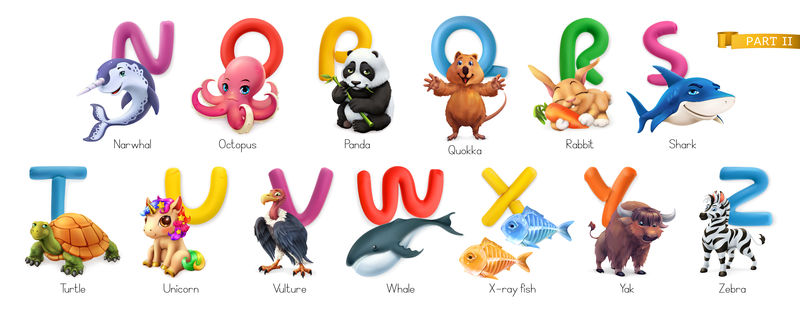 动物园字母表有趣的动物3D矢量图标集字母N-Z第2部分独角鲸章鱼熊猫角鲨兔子鲨鱼海龟独角兽秃鹰鲸鱼X光鱼牦牛斑马