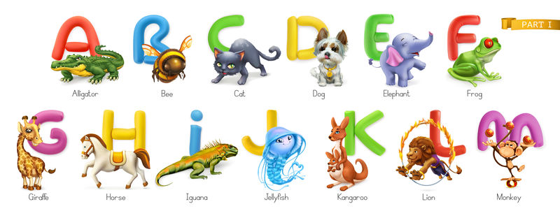 动物园字母表有趣的动物3D矢量图标集字母A-M第1部分鳄鱼蜜蜂猫狗大象青蛙长颈鹿马鬣蜥水母袋鼠狮子猴子