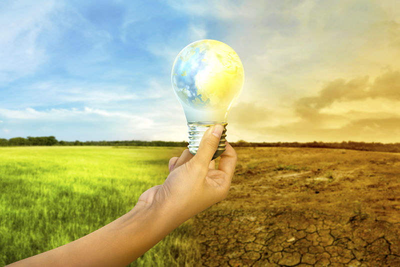 人类的手拿着地球在灯泡里-背景是气候变化-全球意识概念