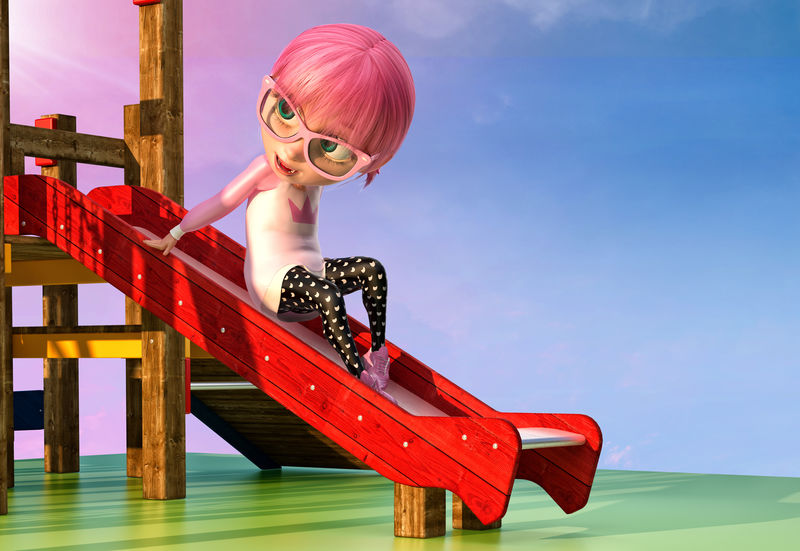 一个可爱的卡通女孩在公园的操场上滑滑梯有趣的卡通人物一个戴着眼镜和粉红色动画头发的漂亮小女孩三维插图