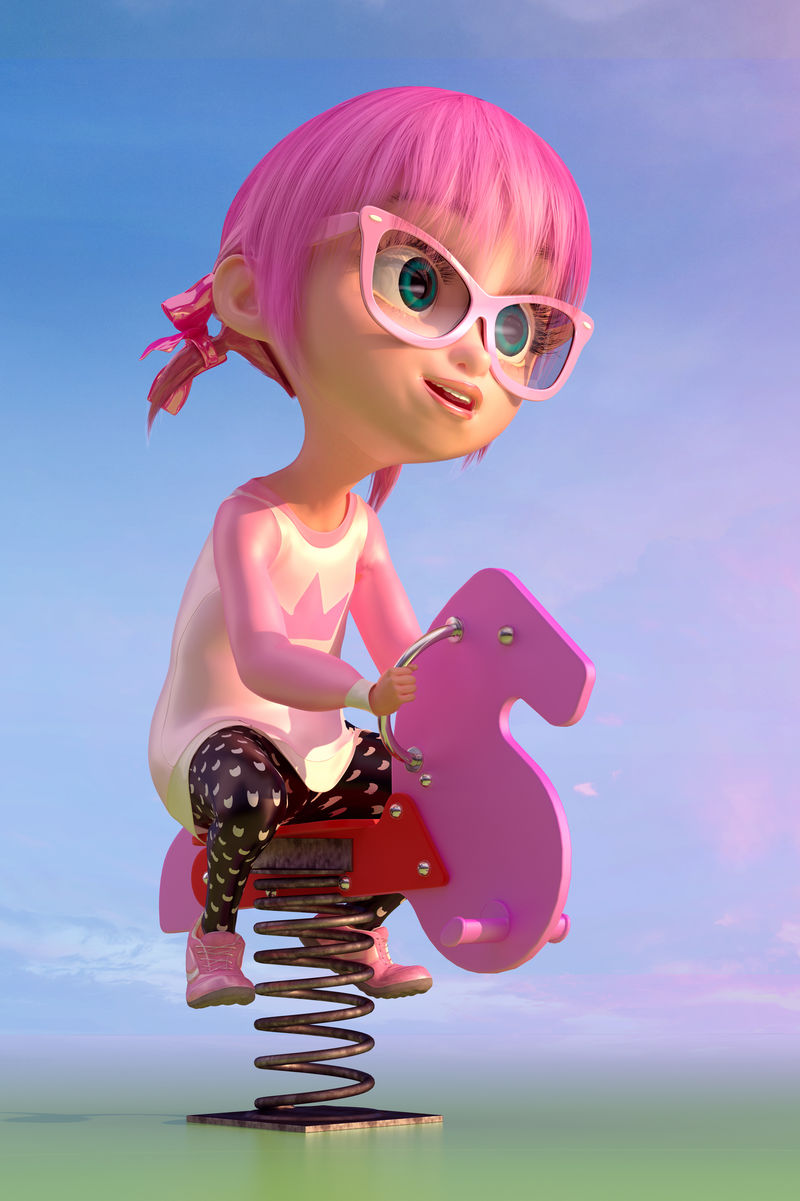 可爱的卡通女孩在儿童游乐场的秋千上摇摆有趣的卡通人物一个戴着眼镜和粉红色动画头发的小可爱三维插图