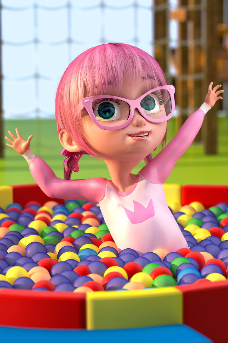 一个可爱的卡通女孩在公园操场的一个球池里玩耍有趣的卡通人物一个戴着眼镜和粉红色动画头发的漂亮小女孩三维插图