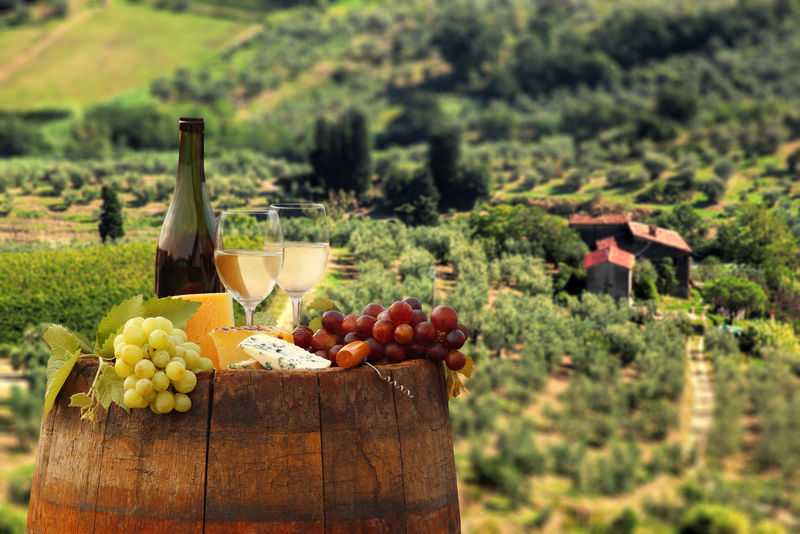白葡萄酒在托斯卡纳葡萄酒葡萄园桶意大利