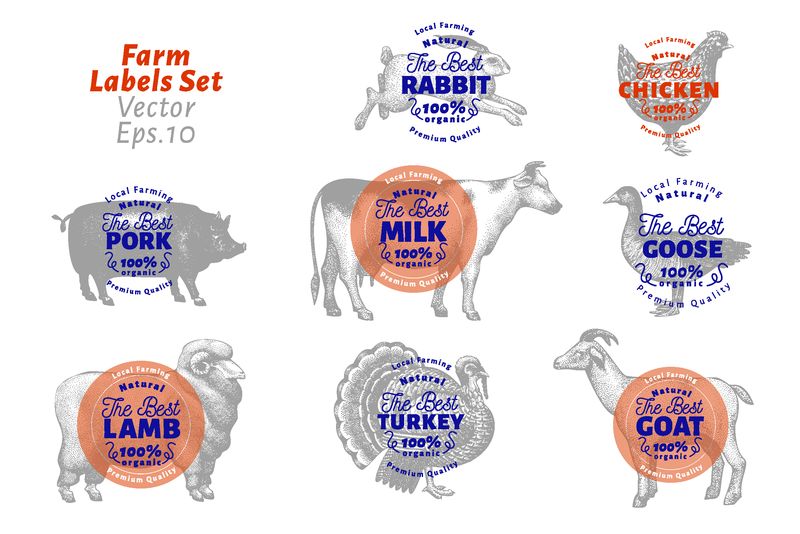 贴上农场动物的标签-手绘动物设置模板-矢量复古插图-可用于包装-商店菜单-餐厅和市场有机食品
