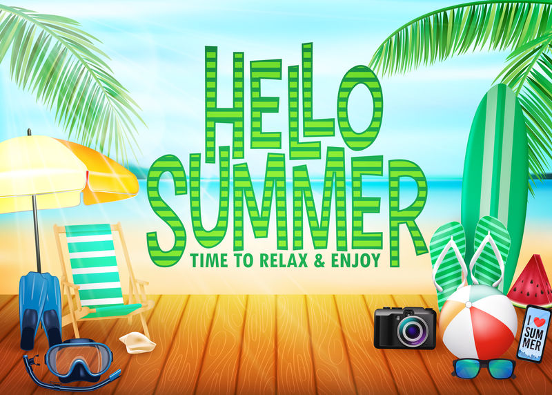 你好-夏季海报景观海滨度假胜地景观与棕榈树-伞-长椅-面具-浮潜-鳍-冲浪板-人字拖-数码相机手机-太阳镜和西瓜-矢量