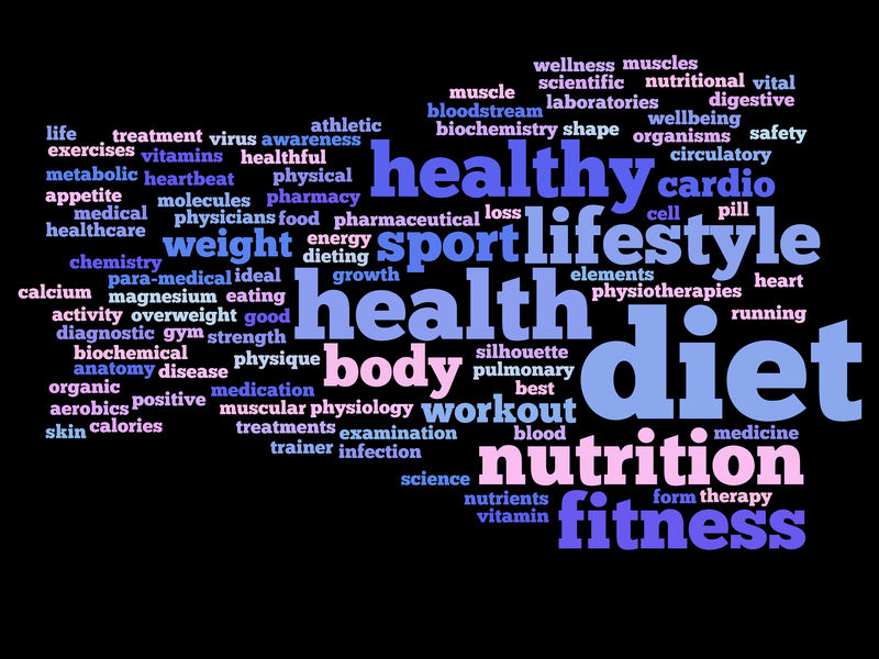 黑色背景上的概念或概念抽象词云作为健康营养饮食健康身体能量医疗健身医疗健身房医学体育心脏或科学的隐喻