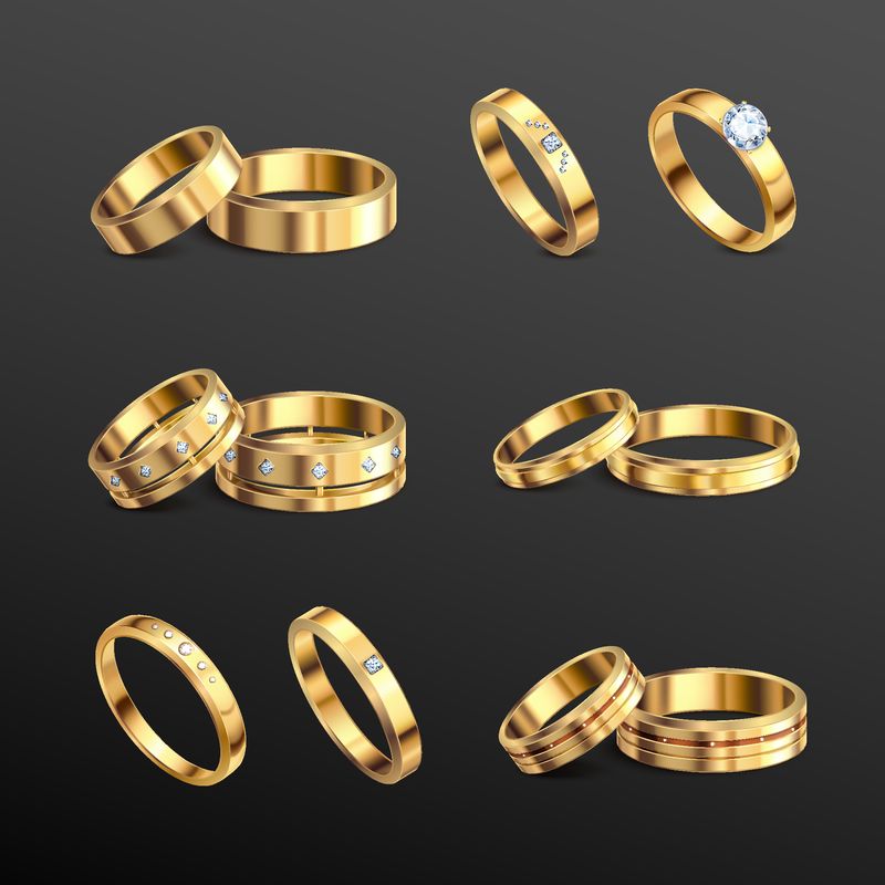 黄金珠宝钻石豪华订婚婚戒6套黑色背景实景独立矢量插图