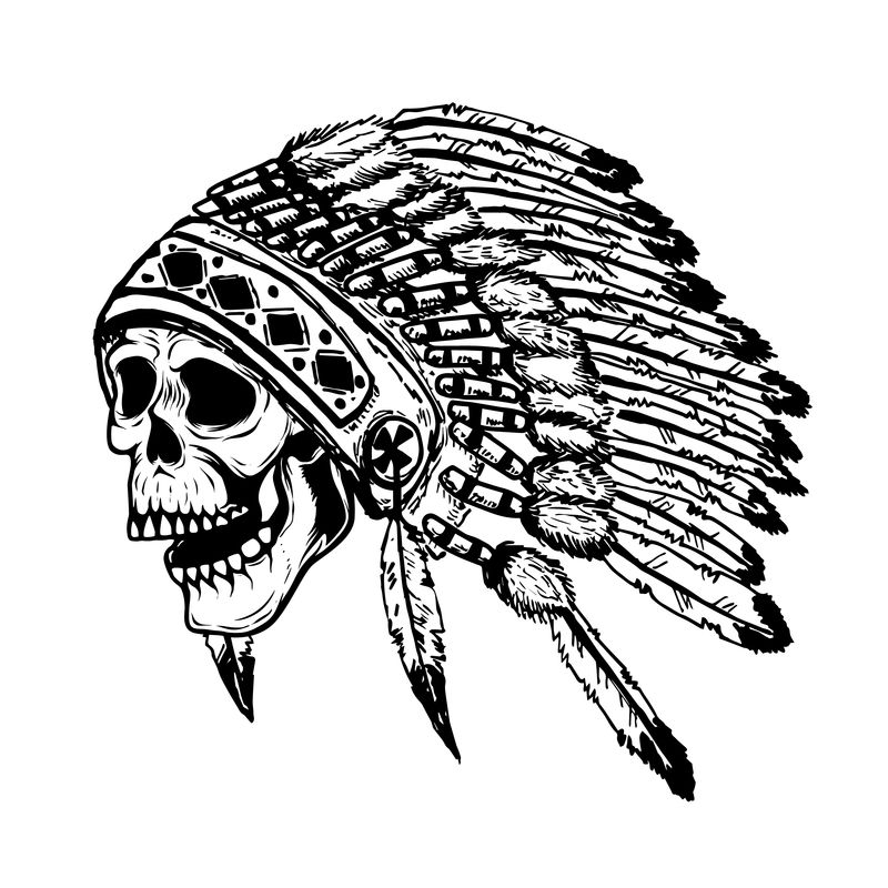 头戴美洲印第安人头饰的头骨设计元素