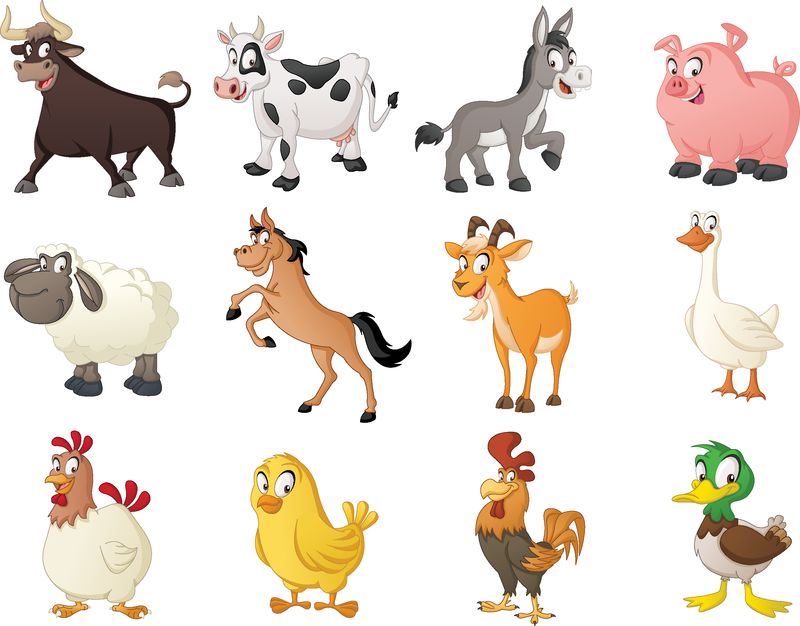 一群农场卡通动物-有趣的快乐动物的矢量图
