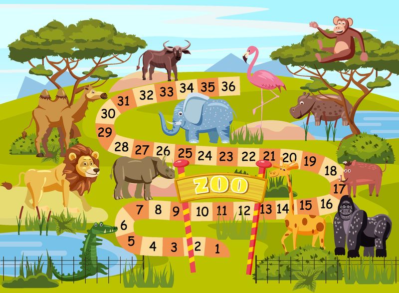 动物园棋盘游戏-为儿童狮子大象火烈鸟水牛河马鳄鱼大猩猩骆驼野猪矢量模板插图独立