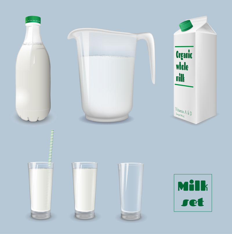 带玻璃的牛奶盒一瓶牛奶和一个罐子矢量插画
