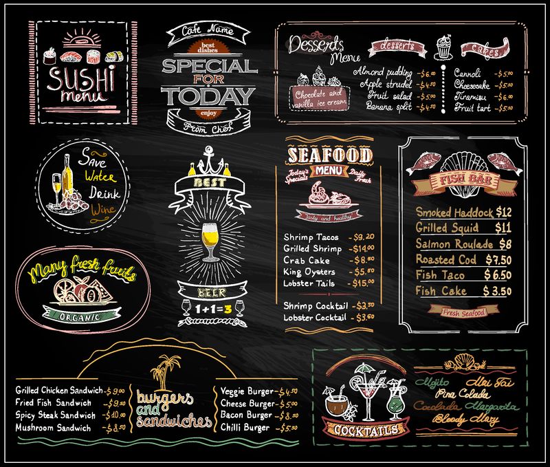 粉笔菜单列表为咖啡馆或餐厅设置的黑板设计-寿司菜单-甜点-海鲜-鱼排-鸡尾酒-啤酒-汉堡和三明治-复制空间模型手绘插图