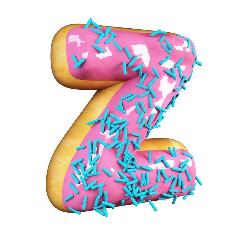 玫瑰釉甜甜圈字体概念与蓝色洒美味的字母Z.3d呈现在白色背景上