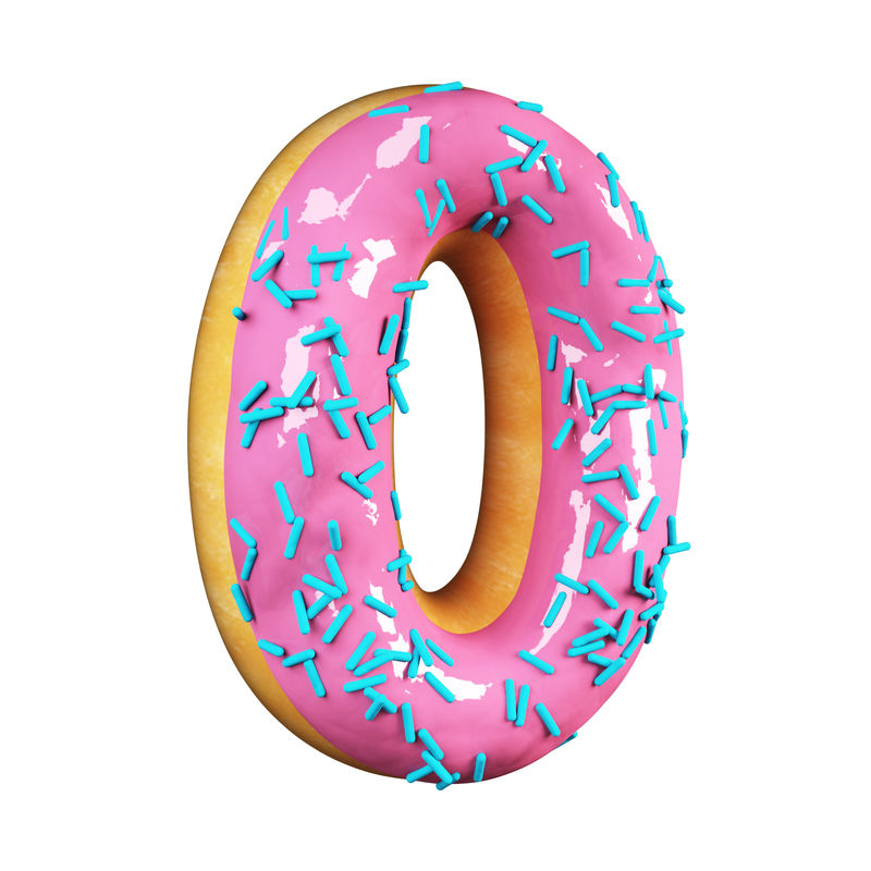 玫瑰釉甜甜圈字体概念与蓝色洒美味的数字0独立于白色背景的三维渲染