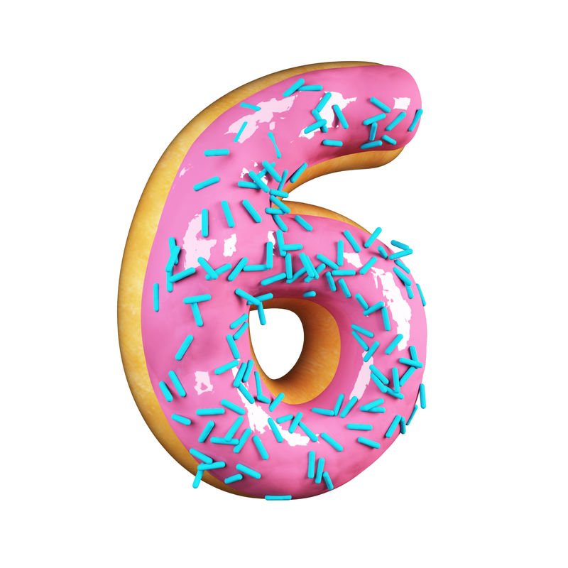玫瑰釉甜甜圈字体概念与蓝色洒美味的6号独立于白色背景的三维渲染
