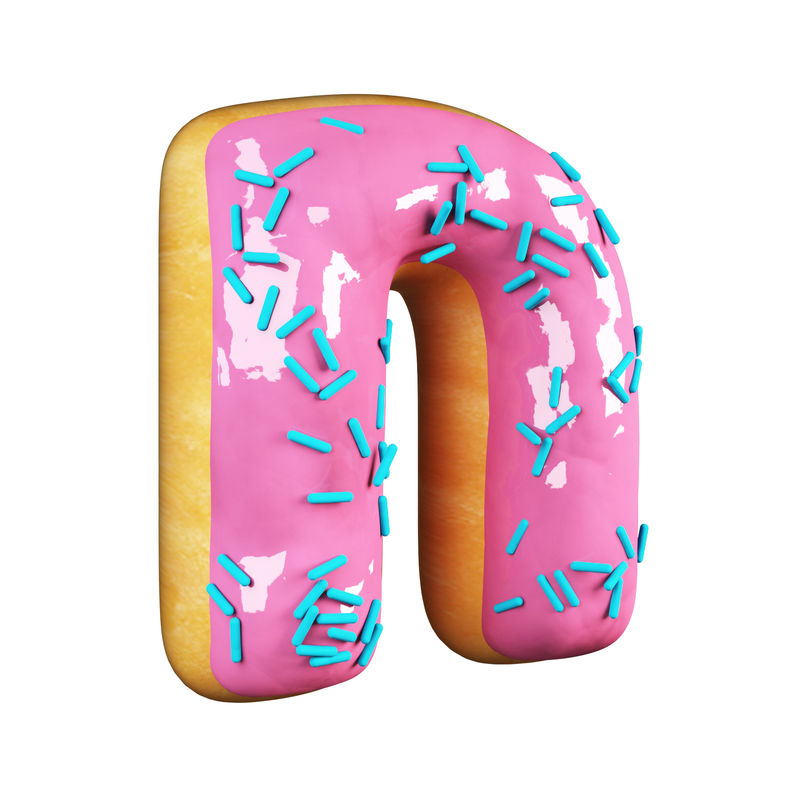 玫瑰釉甜甜圈字体概念与蓝色洒美味的字母n.白色背景下的3D渲染