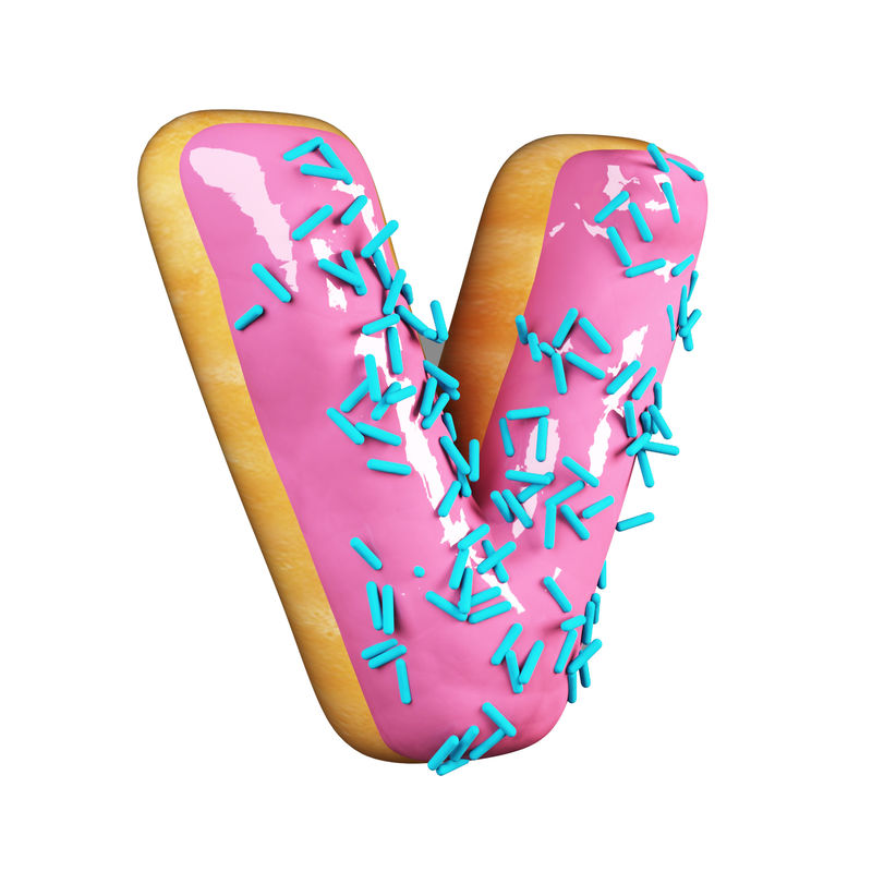 玫瑰釉甜甜圈字体概念与蓝色洒美味的字母v.白色背景下的3D渲染
