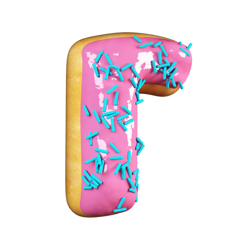 玫瑰釉甜甜圈字体概念与蓝色洒美味的字母R.3d呈现在白色背景上