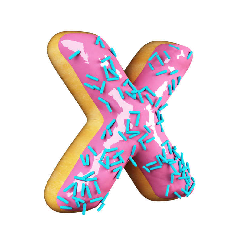 玫瑰釉甜甜圈字体概念与蓝色洒美味的字母x.3d渲染白色背景