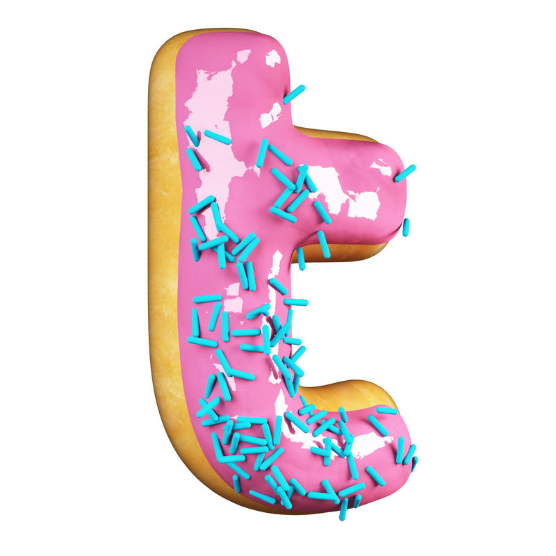 玫瑰釉甜甜圈字体概念与蓝色洒美味的字母T.3d呈现在白色背景上