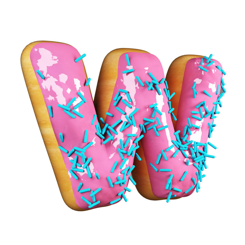 玫瑰釉甜甜圈字体概念与蓝色洒美味的字母W.3d渲染白色背景