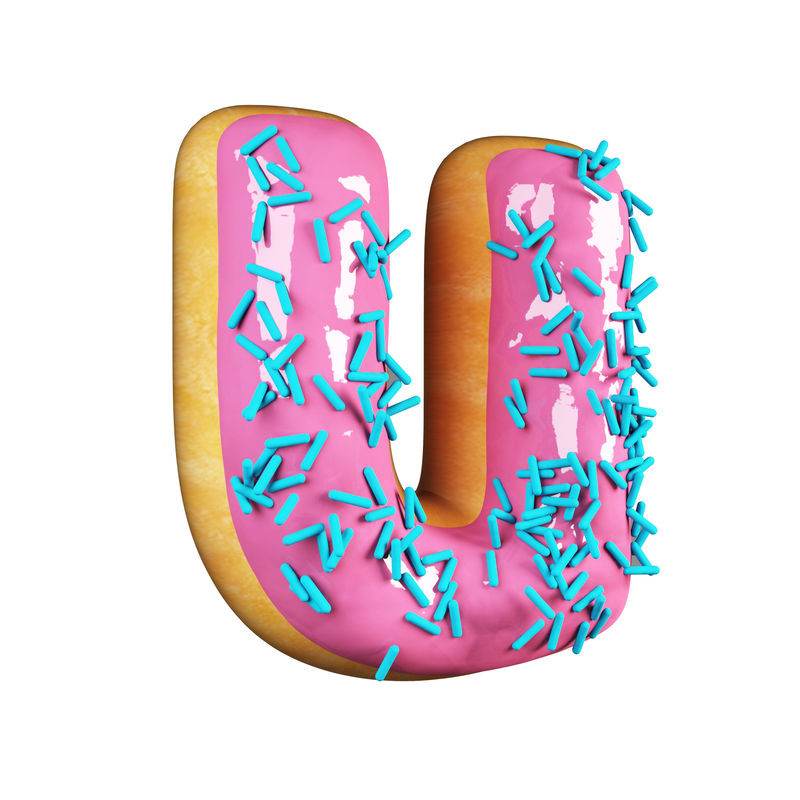 玫瑰釉甜甜圈字体概念与蓝色洒美味的字母U.3d渲染孤立在白色背景上