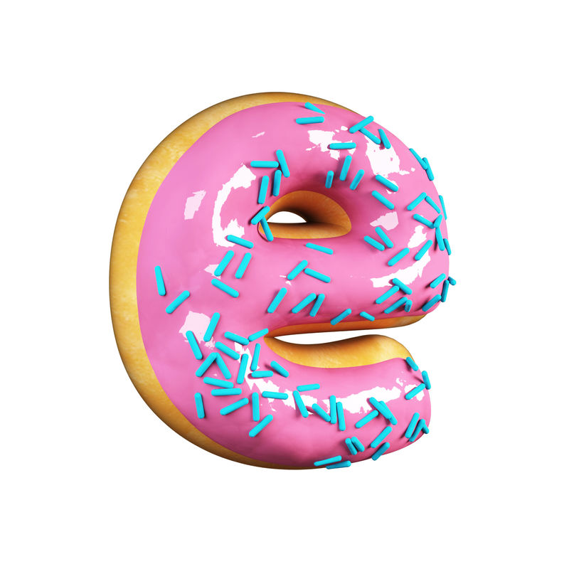 玫瑰釉甜甜圈字体概念与蓝色洒美味的字母E.3d渲染白色背景