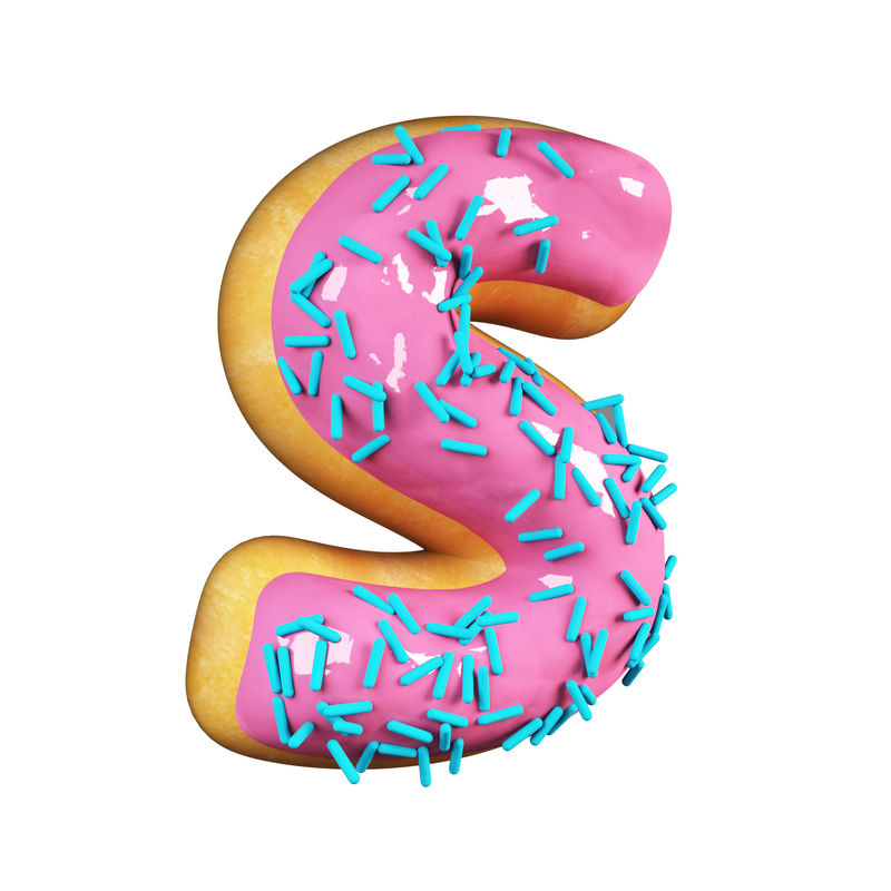 玫瑰釉甜甜圈字体概念与蓝色洒美味的字母S.3d呈现在白色背景上
