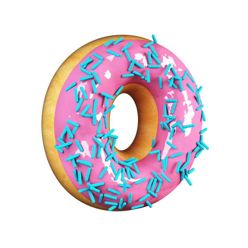 玫瑰釉甜甜圈字体概念与蓝色洒美味的字母O.3d呈现在白色背景上