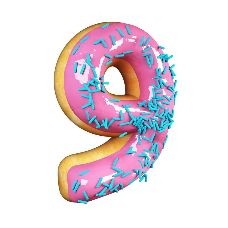 玫瑰釉甜甜圈字体概念与蓝色洒美味的9号独立于白色背景的三维渲染