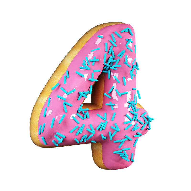 玫瑰釉甜甜圈字体概念与蓝色洒美味的4号独立于白色背景的三维渲染