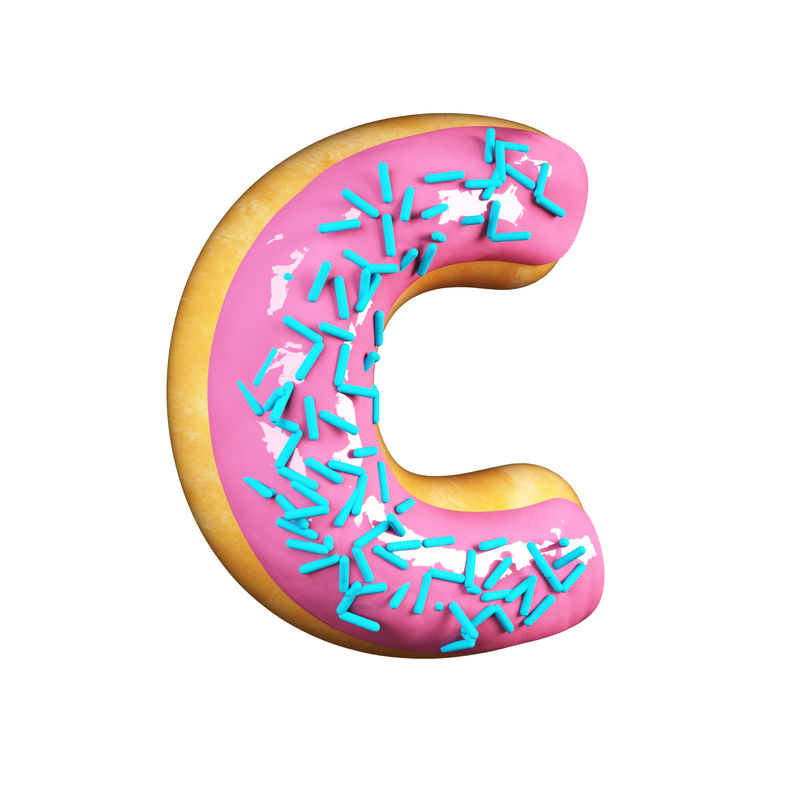 玫瑰釉甜甜圈字体概念与蓝色洒美味的字母C.3d呈现在白色背景上