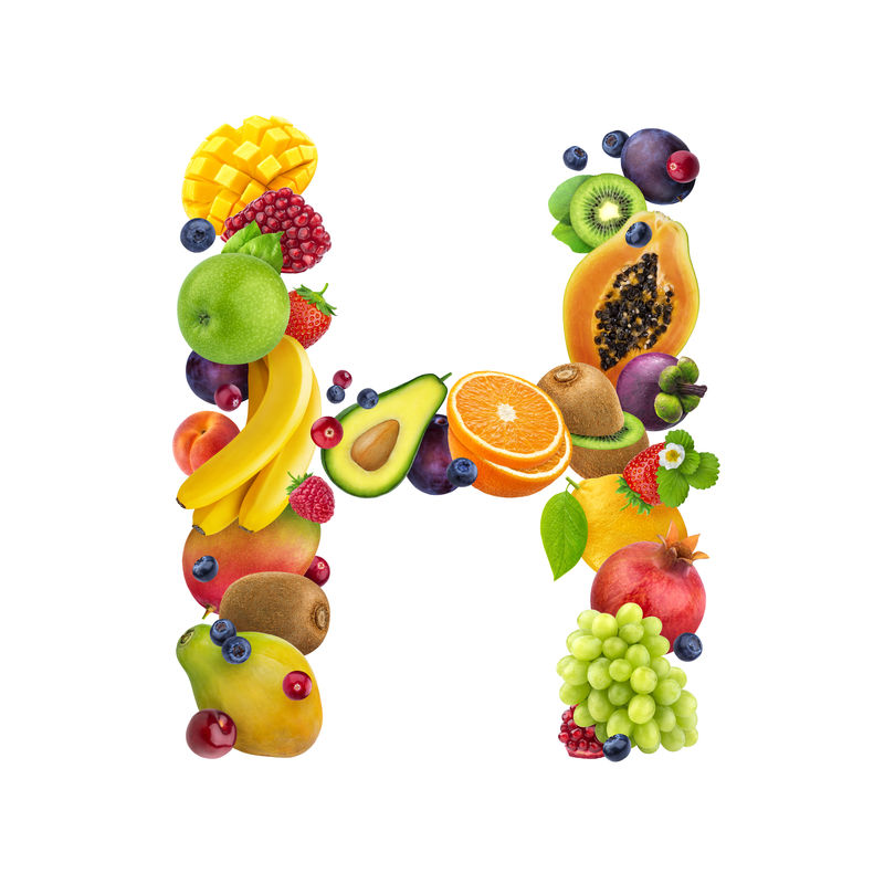 字母-h由不同的水果和浆果制成水果字母表以白色为背景