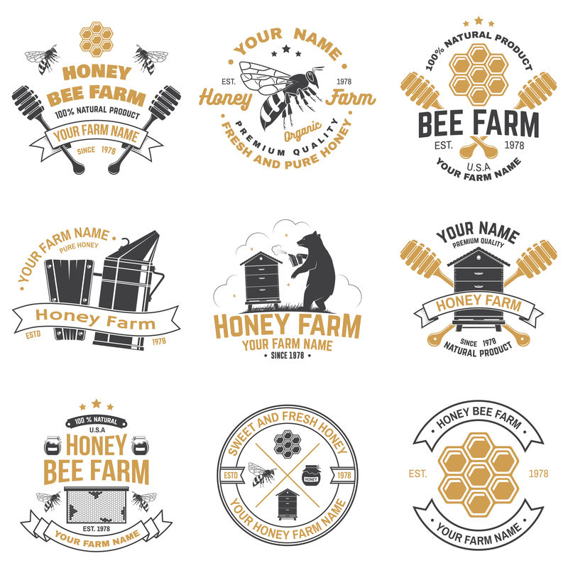 一套蜂蜜蜜蜂农场徽章矢量印花印花或T恤的概念复古的排版设计与蜜蜂蜂巢块蜂巢和蜂蜜斗剪影蜜蜂农场业务设计