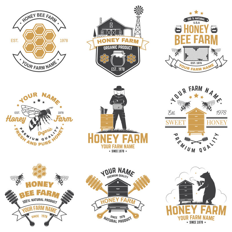 一套蜂蜜蜜蜂农场徽章矢量印花印花或T恤的概念复古的排版设计与蜜蜂蜂巢块蜂巢和蜂蜜斗剪影蜜蜂农场业务设计